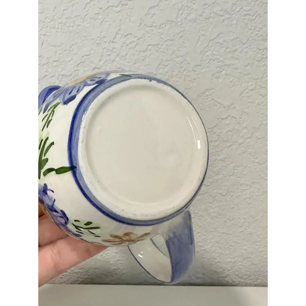 VTG Ceramic Sugar Bowl & Creamer Floral Pattern White Blue & Yellow Italy Made